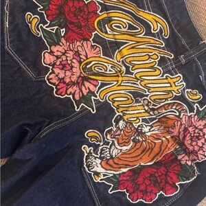 Embroidered Tiger & Floral Denim Jeans - Navy with Red, Pink & Yellow Accents